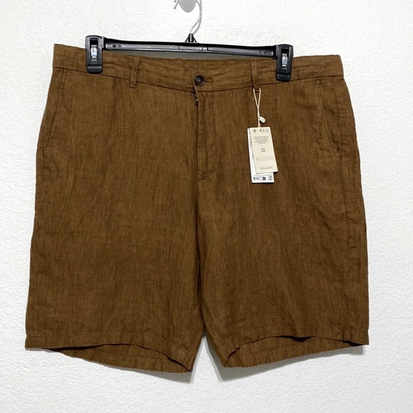 Mango “NEW” 100% Linen Brown Flat Front Bermuda Shorts With Pockets Size 38 - Picture 1 of 8